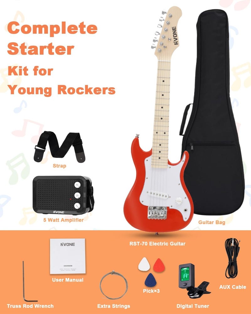 RVONE Kids Electric Guitar Beginner Kit 30 Inch, Mini ST Style Electric Guitar for Boys Girls with Amp 5W, Gig Bag, Tuner, Strap, Cable, Picks, Extra Strings, RST-70 Red - Image 5